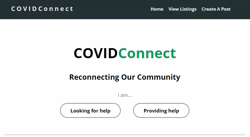 screenshot of CovidConnect project home page