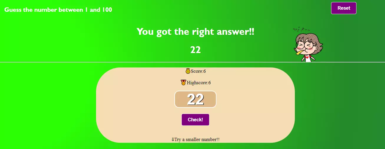 screenshot of guessing game correct status screen