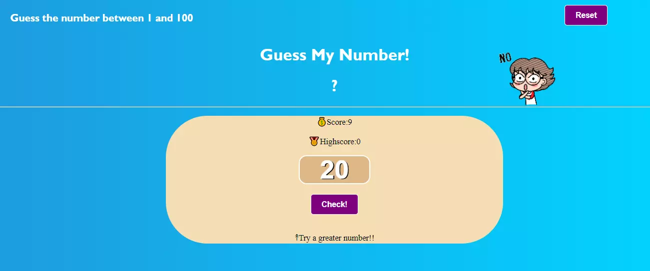 screenshot of guessing game incorrect status screen